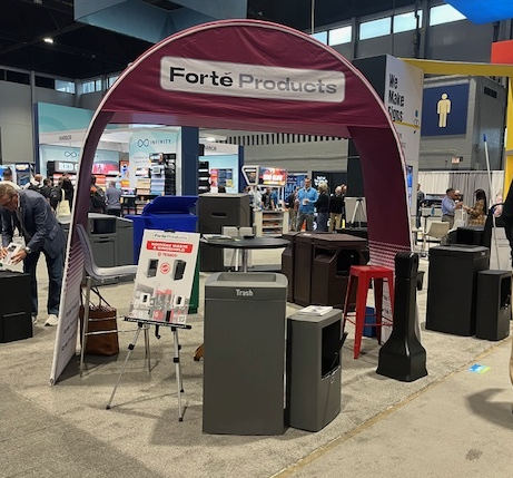 Maroon Forté Products canopy over waste and recycling bins at a convention center trade show booth