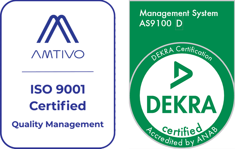 Amtivo ISO 9001 Quality Management certification and DEKRA AS9100D Management System certification logos.